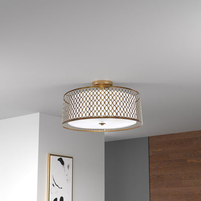 Dainolite 3 Light Aged Brass Semi-Flush Mount with White Shade and Laser Cut Outer 1015-16FH-AGB-WH