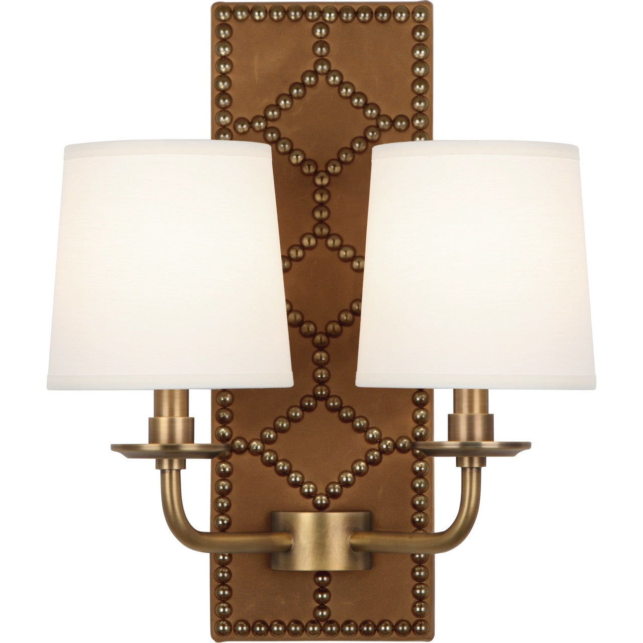 Robert Abbey Williamsburg Lightfoot Wall Sconce in Backplate Upholstered in English Ochre Leather with Nailhead Detail and Aged Brass Accents 1030