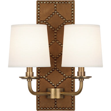 Robert Abbey Williamsburg Williamsburg Lightfoot Wall Sconce in Backplate Upholstered in English Ochre Leather with Nailhead Detail and Aged Brass Accents 1030