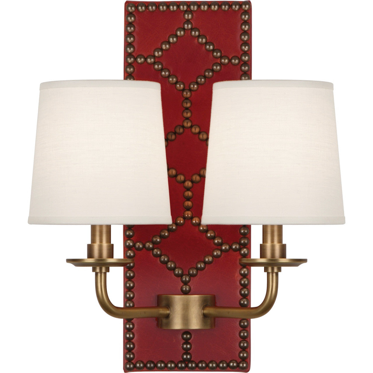 Robert Abbey Williamsburg Lightfoot Wall Sconce in Backplate Upholstered in Dragons Blood Leather with Nailhead Detail and Aged Brass Accents 1031