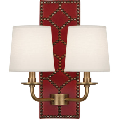 Robert Abbey Williamsburg Lightfoot Wall Sconce in Backplate Upholstered in Dragons Blood Leather with Nailhead Detail and Aged Brass Accents 1031