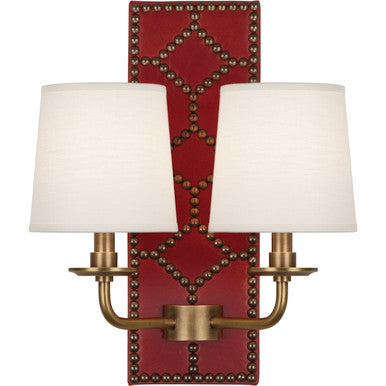 Robert Abbey Williamsburg Williamsburg Lightfoot Wall Sconce in Backplate Upholstered in Dragons Blood Leather with Nailhead Detail and Aged Brass Accents 1031