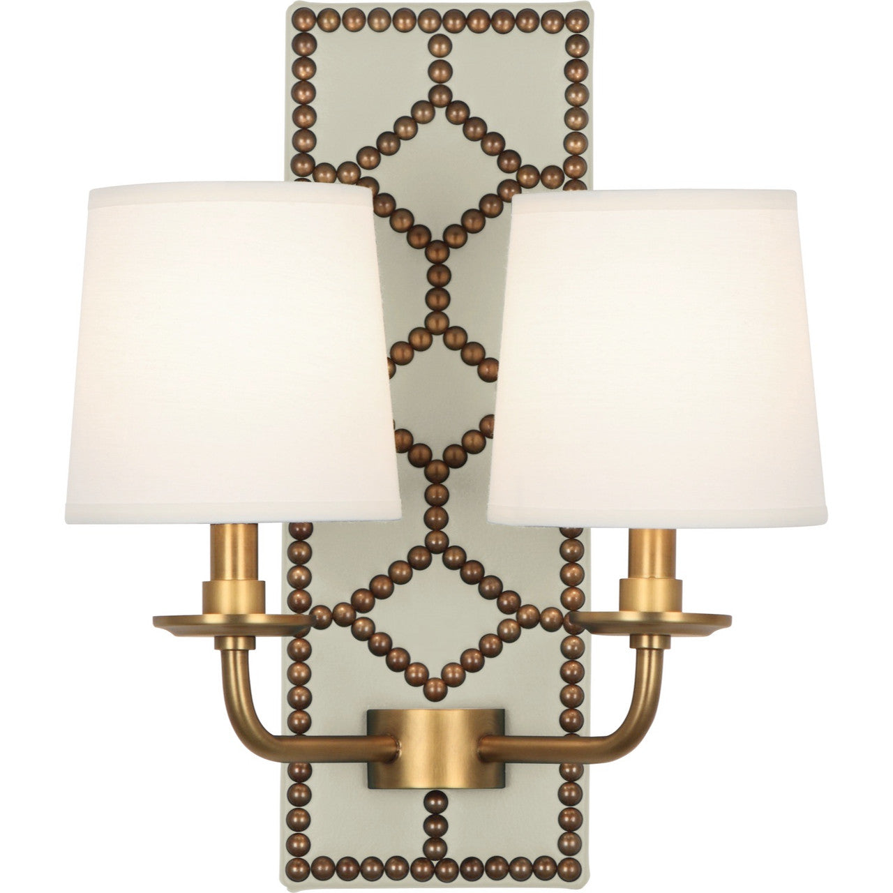 Robert Abbey Williamsburg Lightfoot Wall Sconce in Backplate Upholstered in Bruton White Leather with Nailhead Detail and Aged Brass Accents 1032