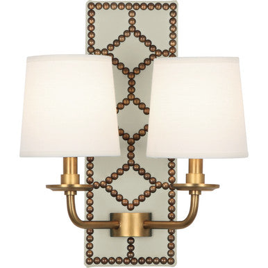 Robert Abbey Williamsburg Williamsburg Lightfoot Wall Sconce in Backplate Upholstered in Bruton White Leather with Nailhead Detail and Aged Brass Accents 1032