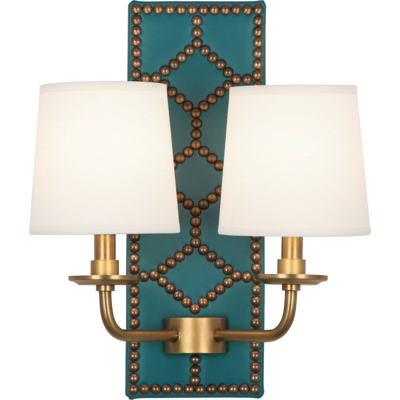 Robert Abbey Williamsburg Lightfoot Wall Sconce in Backplate Upholstered in Mayo Teal Leather with Nailhead Detail and Aged Brass Accents 1033