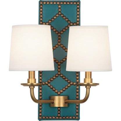 Robert Abbey Williamsburg Lightfoot Wall Sconce in Backplate Upholstered in Mayo Teal Leather with Nailhead Detail and Aged Brass Accents 1033