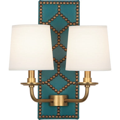 Robert Abbey Williamsburg Williamsburg Lightfoot Wall Sconce in Backplate Upholstered in Mayo Teal Leather with Nailhead Detail and Aged Brass Accents 1033