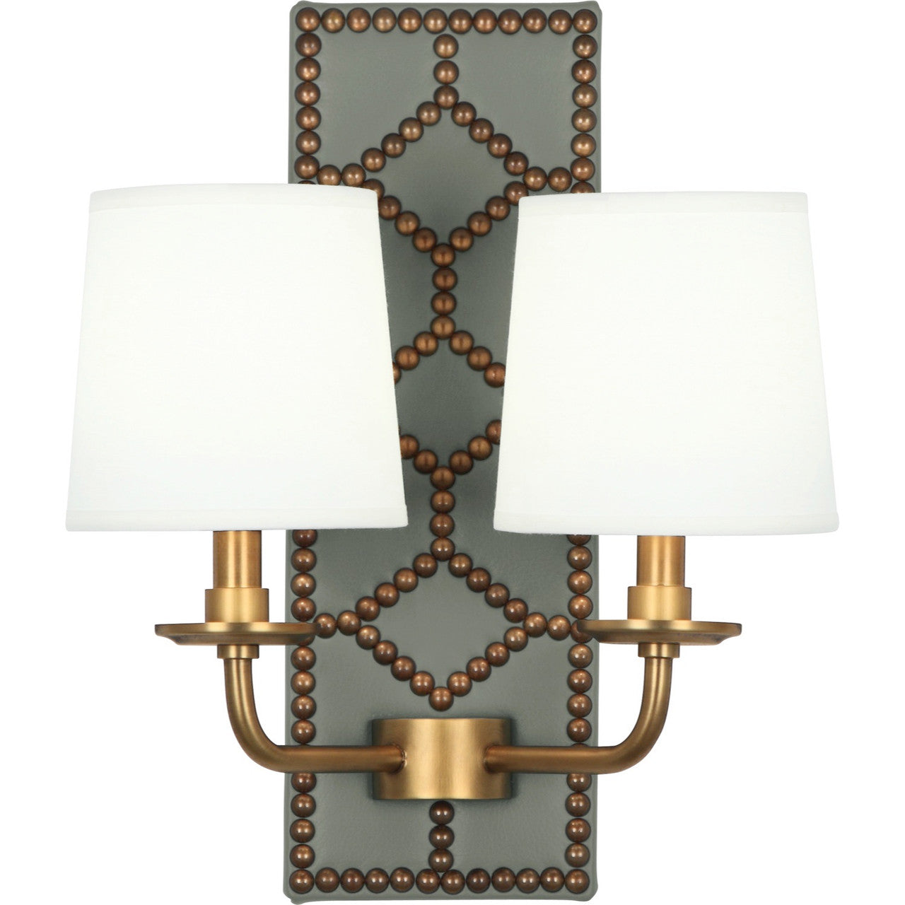 Robert Abbey Williamsburg Lightfoot Wall Sconce in Backplate Upholstered in Carter Gray Leather with Nailhead Detail and Aged Brass Accents 1034