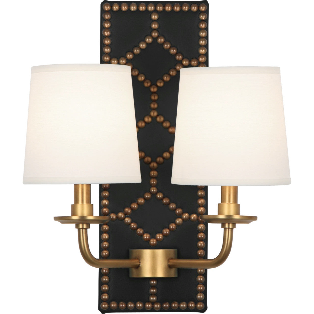 Robert Abbey Williamsburg Lightfoot Wall Sconce in Backplate Upholstered in Blacksmith Black Leather with Nailhead Detail and Aged Brass Accents 1035