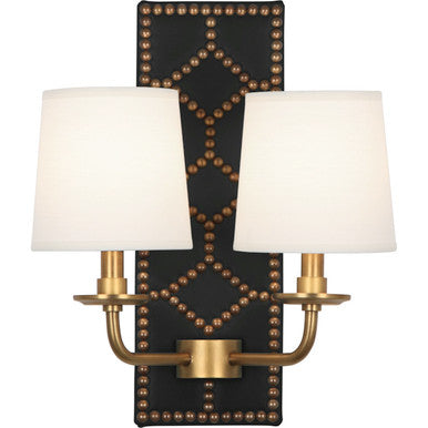 Robert Abbey Williamsburg Williamsburg Lightfoot Wall Sconce in Backplate Upholstered in Blacksmith Black Leather with Nailhead Detail and Aged Brass Accents 1035