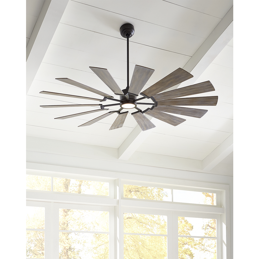 Visual Comfort Fan Prairie 72" LED Ceiling Fan - Aged Pewter with Distressed Grey Weathered Oak Blades, Handheld Remote, 6-speed, Reverse and Dimmer, indoor/outdoor 14PRR72AGPD