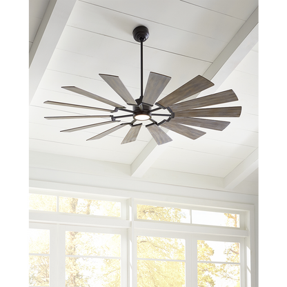 Visual Comfort Fan Prairie 72" LED Ceiling Fan - Aged Pewter with Distressed Grey Weathered Oak Blades, Handheld Remote, 6-speed, Reverse and Dimmer, indoor/outdoor 14PRR72AGPD