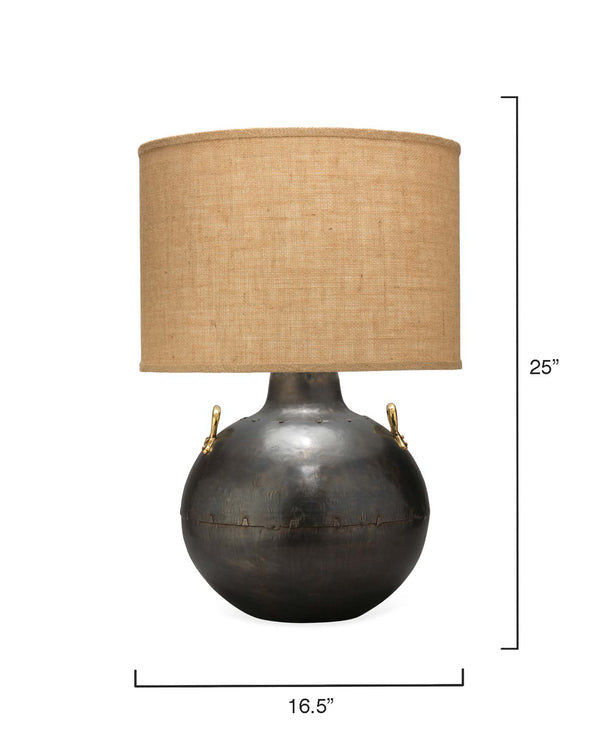 Jamie Young Two Handled Kettle Table Lamp in Iron with Classic Drum Shade in Natural Burlap  1TWOH-TLIR