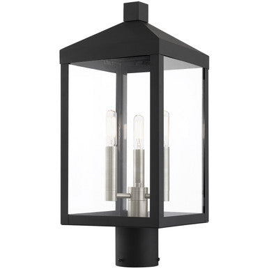 Livex Lighting Nyack Collection 3 Lt Black Outdoor Post Top Lantern in Black with Brushed Nickel Cluster 20592-04