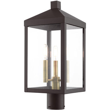 Livex Lighting Nyack Collection 3 Lt Bronze Outdoor Post Top Lantern in Bronze with Antique Brass Cluser 20592-07