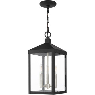 Livex Lighting Nyack Collection 3 Lt Black Outdoor Pendant Lantern in Black with Brushed Nickel Cluster 20593-04