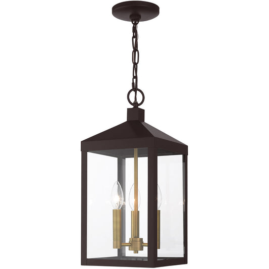 Livex Lighting Nyack Collection 3 Lt Bronze Outdoor Pendant Lantern in Bronze with Antique Brass Cluser 20593-07