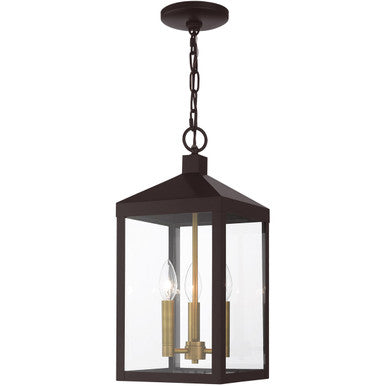 Livex Lighting Nyack Collection 3 Lt Bronze Outdoor Pendant Lantern in Bronze with Antique Brass Cluser 20593-07