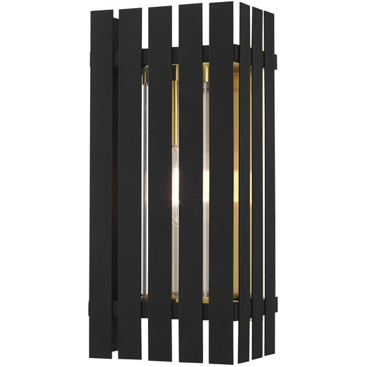 Livex Lighting Greenwich Collection 1 Lt Black Outdoor Wall Lantern in Black with Satin Brass Accents 20753-04