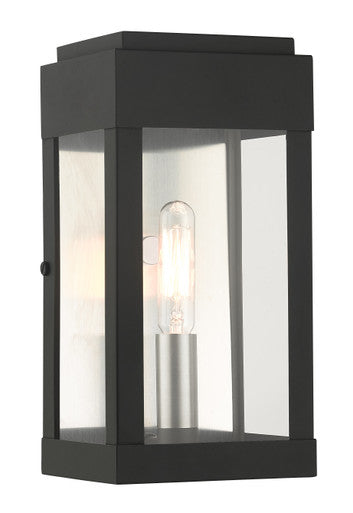 Livex Lighting York Collection  1 Light Black Outdoor ADA Wall Lantern in Black with Brushed Nickel Finish Candles with Brushed Nickel Stainless Steel Reflector 21231-04