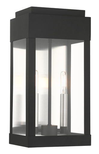 Livex Lighting York Collection  2 Light Black Outdoor Wall Lantern in Black with Brushed Nickel Finish Candles with Brushed Nickel Stainless Steel Reflector 21235-04