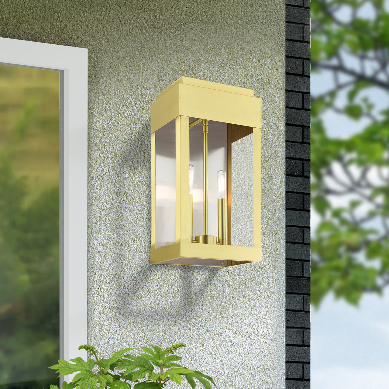 Livex Lighting York Collection  2 Light Satin Brass Outdoor Wall Lantern in Satin Brass with Brushed Nickel Stainless Steel Reflector 21235-12