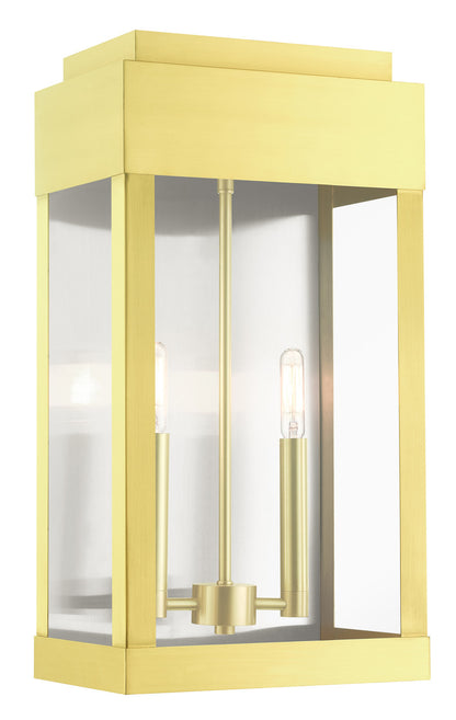 Livex Lighting York Collection  2 Light Satin Bras Outdoor Wall Lantern in Satin Brass with Brushed Nickel Stainless Steel Reflector 21238-12