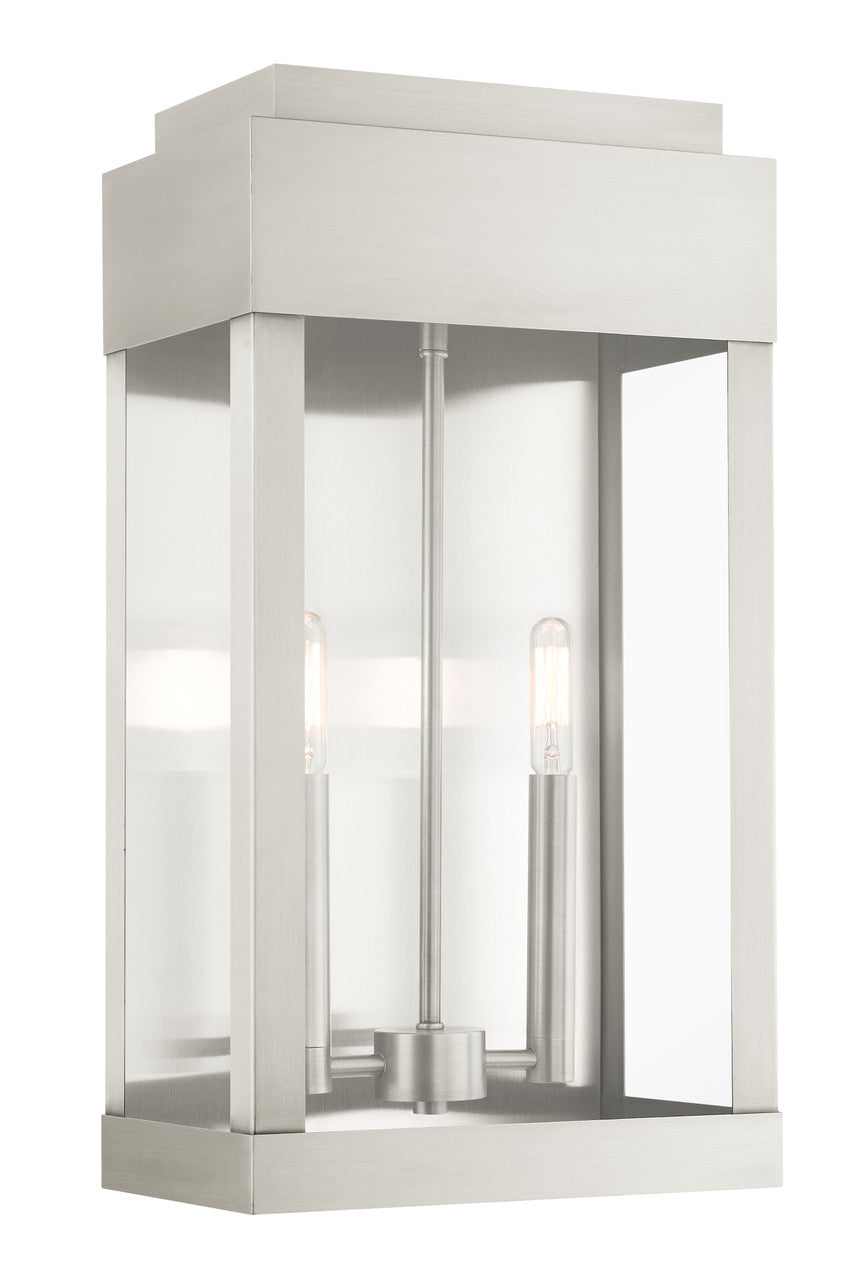 Livex Lighting York Collection  2 Light Brushed Nickel Outdoor Wall Lantern in Brushed Nickel with Brushed Nickel Stainless Steel Reflector 21238-91