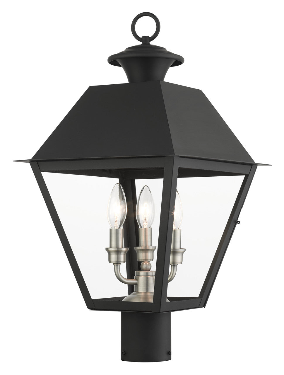 Livex Lighting Wentworth Collection  3 Light Black Outdoor Post Top Lantern in Black with Brushed Nickel Finish Cluster 27219-04