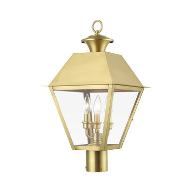 Livex Lighting Wentworth Collection  3 Light Natural Brass Outdoor Large Post Top Lantern in Natural Brass 27219-08