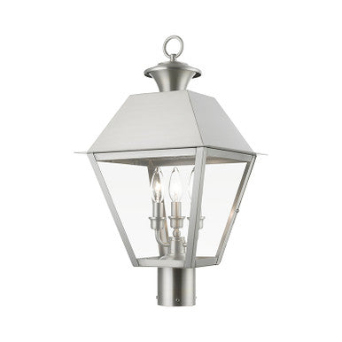 Livex Lighting Wentworth Collection  3 Light Brushed Nickel Outdoor Large Post Top Lantern in Brushed Nickel 27219-91