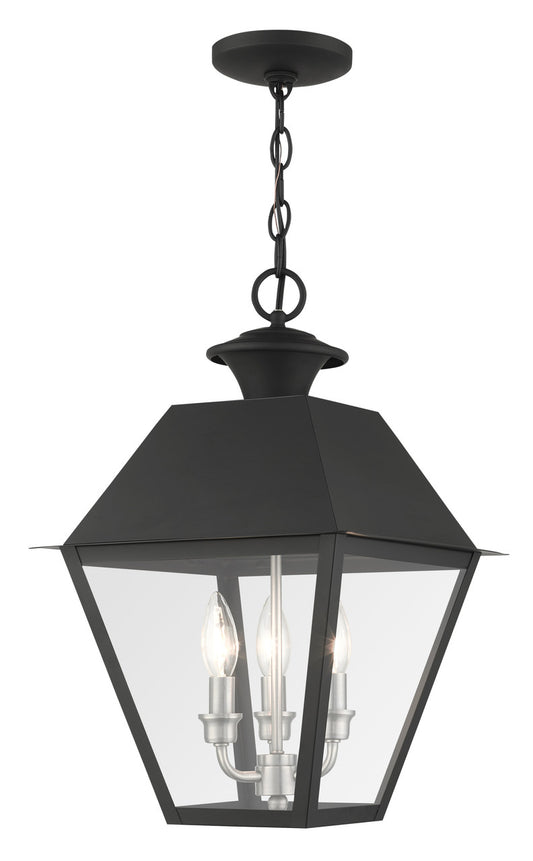 Livex Lighting Wentworth Collection  3 Light Black Outdoor Pendant Lantern in Black with Brushed Nickel Finish Cluster 27220-04