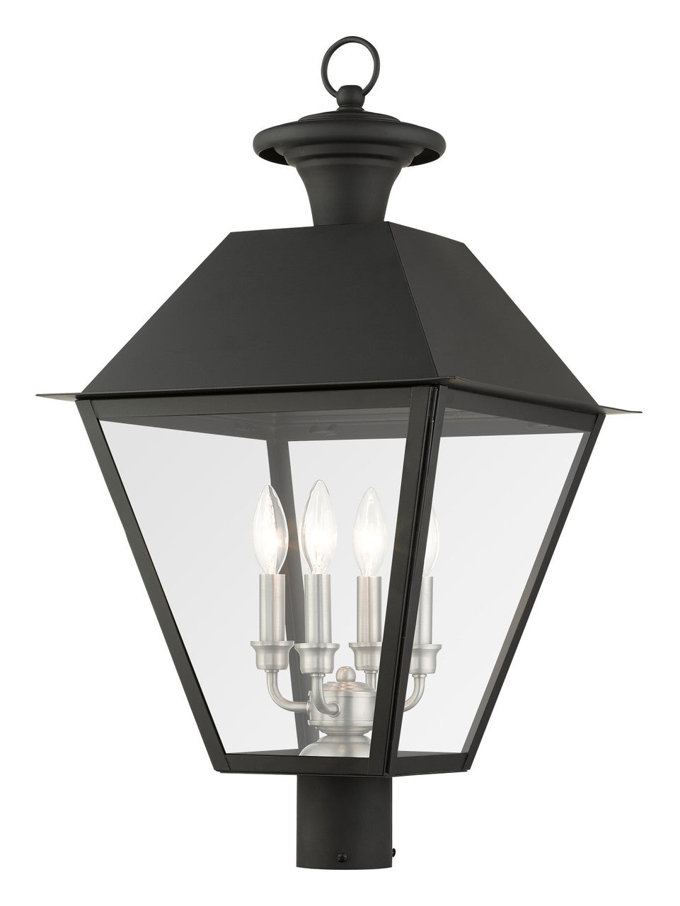 Livex Lighting Wentworth Collection  4 Light Black Outdoor Post Top Lantern in Black with Brushed Nickel Finish Cluster 27223-04