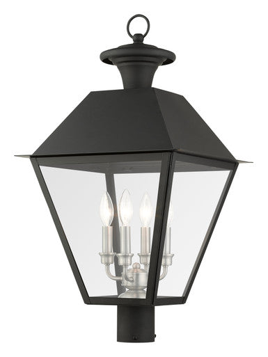 Livex Lighting Wentworth Collection  4 Light Black Outdoor Post Top Lantern in Black with Brushed Nickel Finish Cluster 27223-04