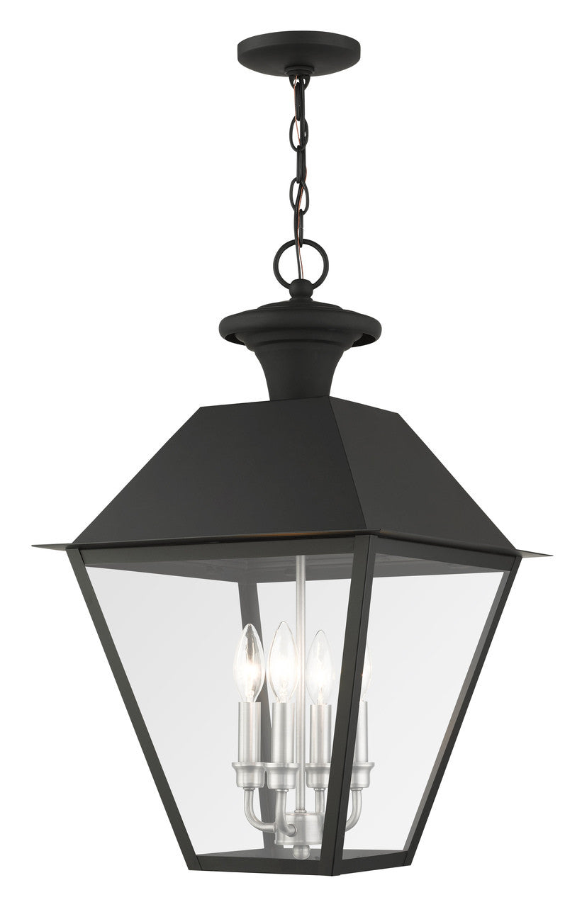 Livex Lighting Wentworth Collection  4 Light Black Outdoor Pendant Lantern in Black with Brushed Nickel Finish Cluster 27224-04