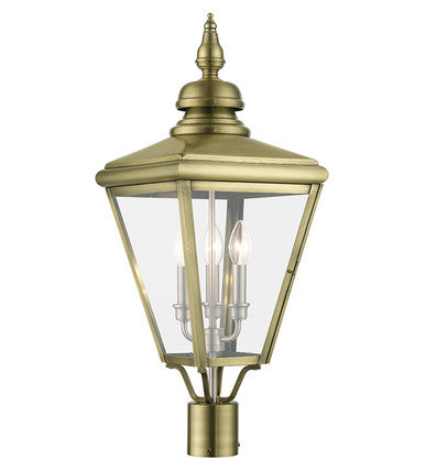 Livex Lighting Adams Collection 3 Light Antique Brass Outdoor Large Post Top Lantern with Brushed Nickel Finish Cluster 27375-01