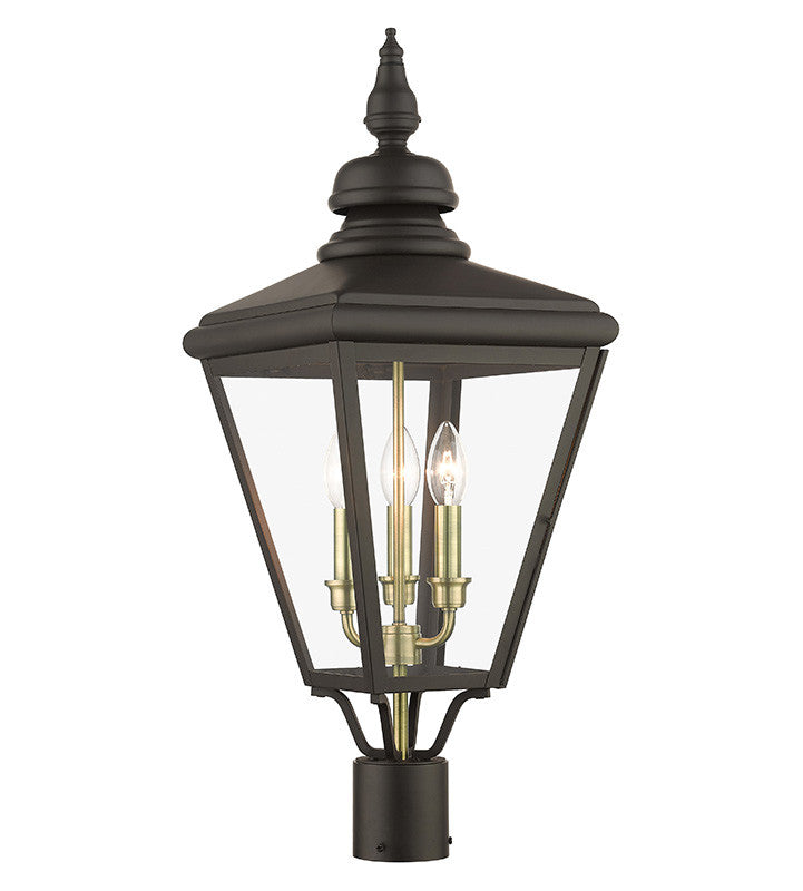 Livex Lighting Adams Collection 3 Light Bronze Outdoor Large Post Top Lantern with Antique Brass Finish Cluster 27375-07