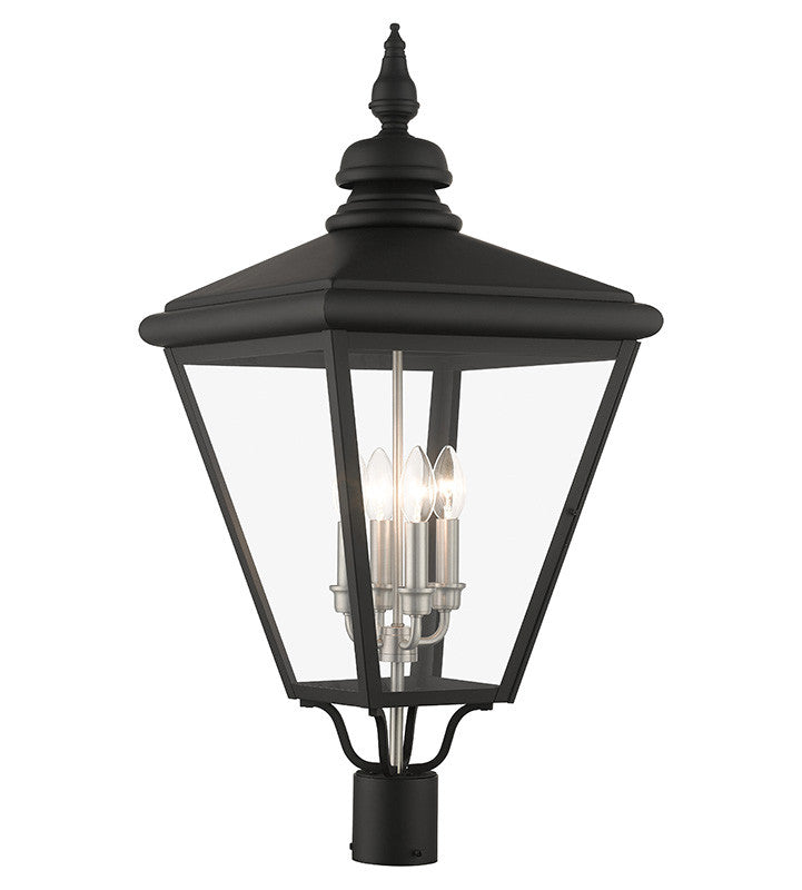 Livex Lighting Adams Collection 4 Light Black Outdoor Extra Large Post Top Lantern with Brushed Nickel Finish Cluster 27376-04