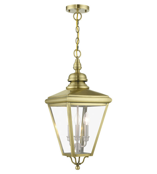 Livex Lighting Adams Collection 3 Light Antique Brass Outdoor Large Pendant Lantern with Brushed Nickel Finish Cluster 27377-01