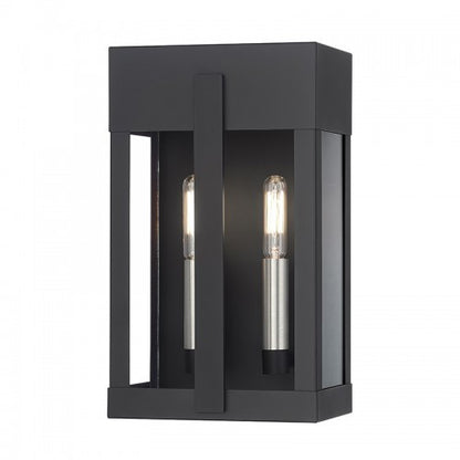 Livex Lighting Berksford 2 Light Black Medium Outdoor Wall Lantern with Brushed Nickel Candles and Clear Glass 28962-04