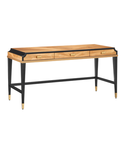 Currey & Co Kallista Taupe Large Desk in Taupe/Caviar Black/Polished Brass/Blue 3000-0289