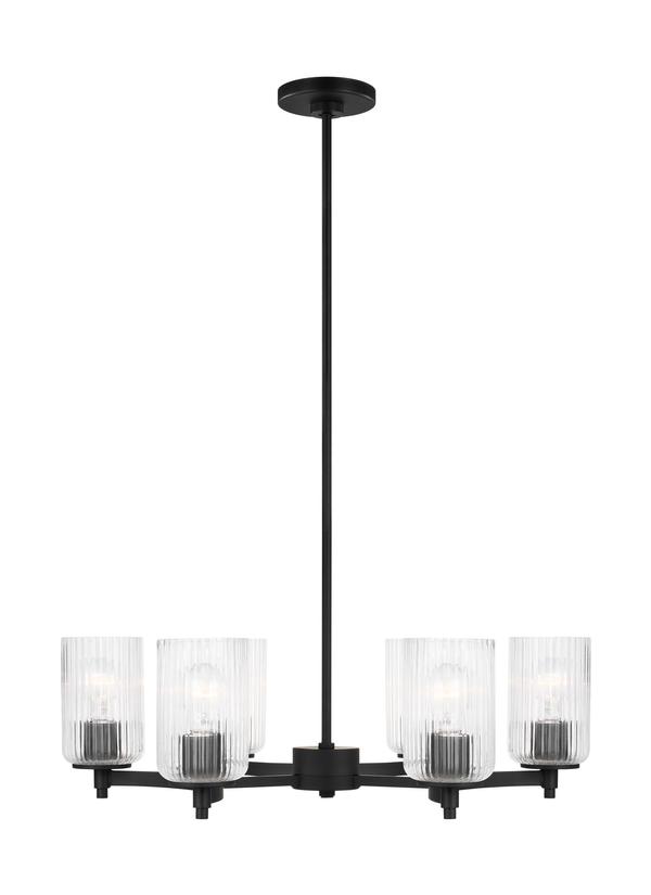 Generation Lighting Beaumont modern 6-light indoor dimmable ceiling chandelier pendant light in midnight black finish with clear fluted glass shades 3000606-112