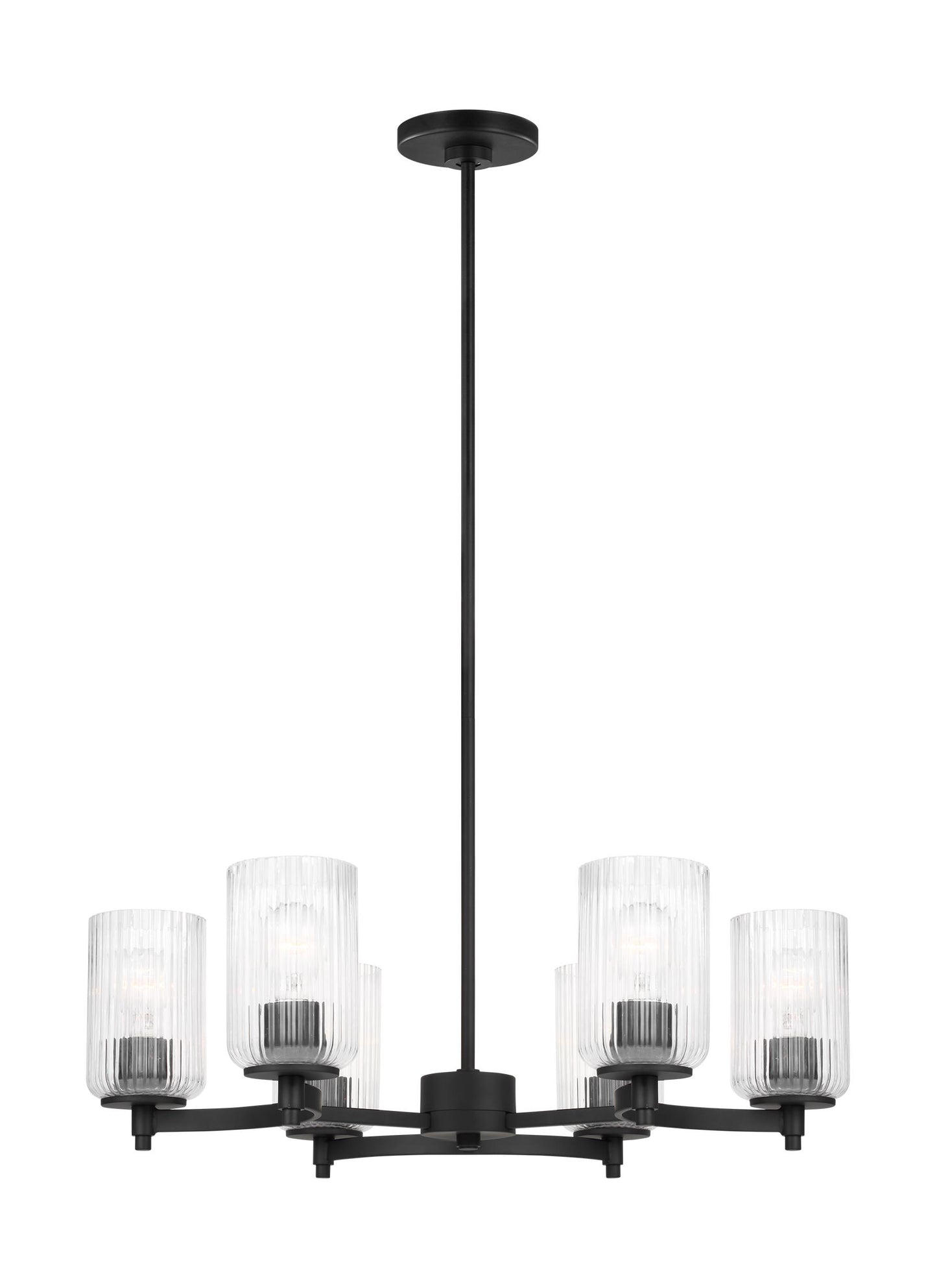 Generation Lighting Beaumont modern 6-light indoor dimmable ceiling chandelier pendant light in midnight black finish with clear fluted glass shades 3000606-112