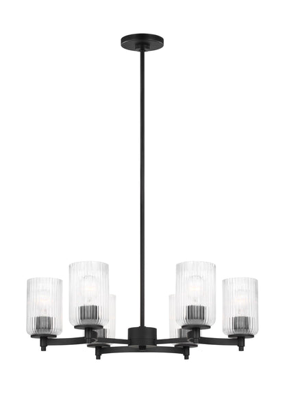 Generation Lighting Beaumont modern 6-light indoor dimmable ceiling chandelier pendant light in midnight black finish with clear fluted glass shades 3000606-112