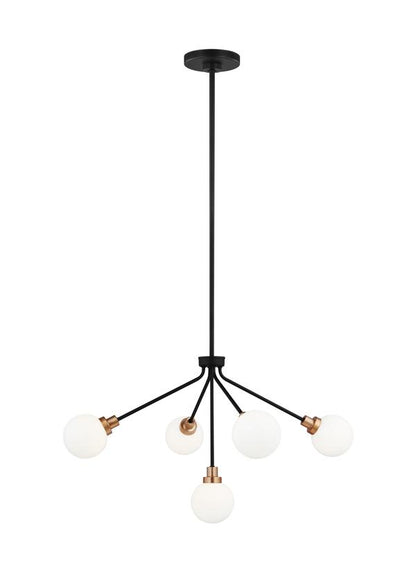 Generation Lighting Art mid-century modern 5-light indoor dimmable ceiling chandelier pendant light in midnight black finish with etched opal glass shades 3001105-112