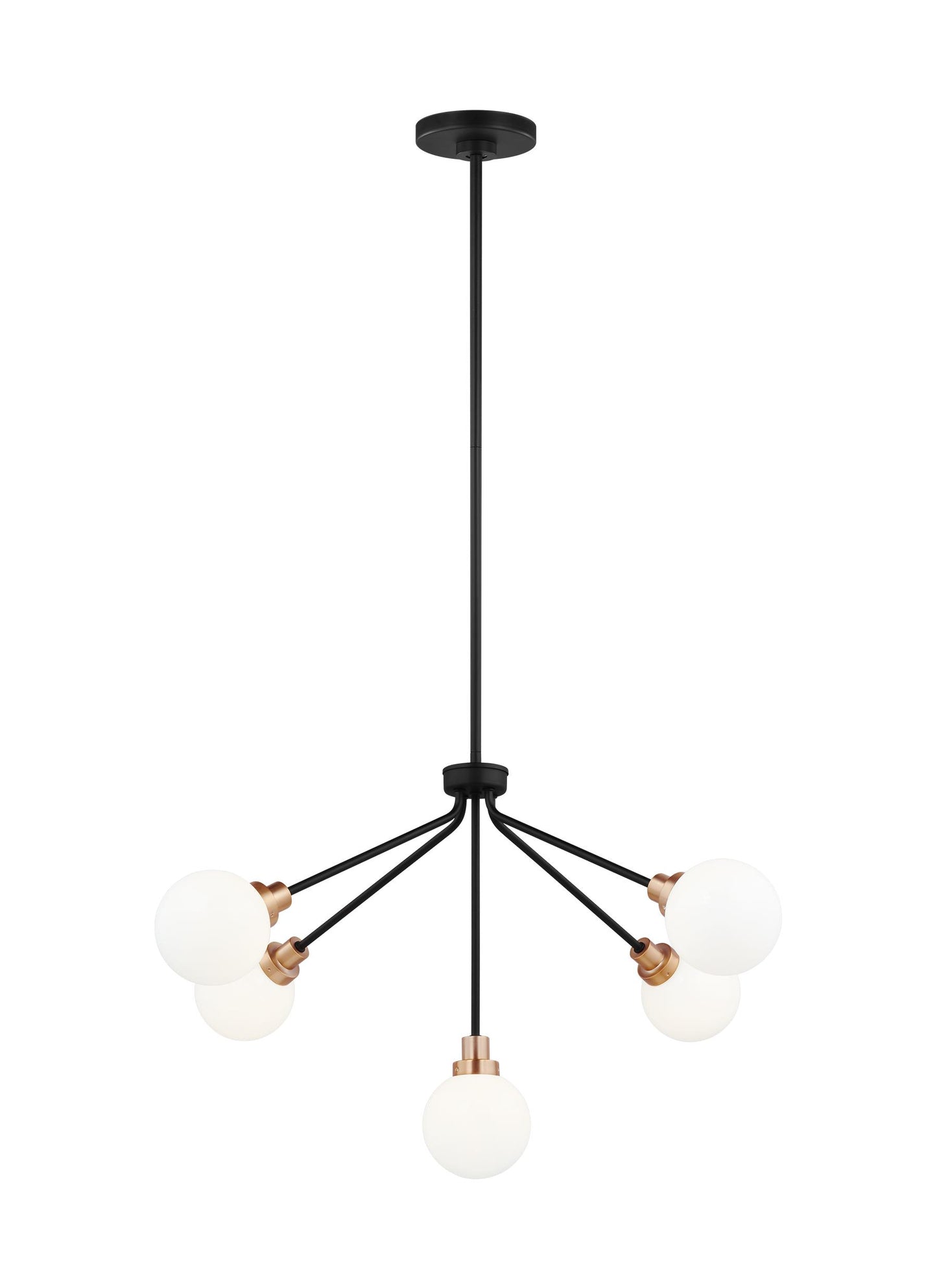 Generation Lighting Art mid-century modern 5-light indoor dimmable ceiling chandelier pendant light in midnight black finish with etched opal glass shades 3001105-112