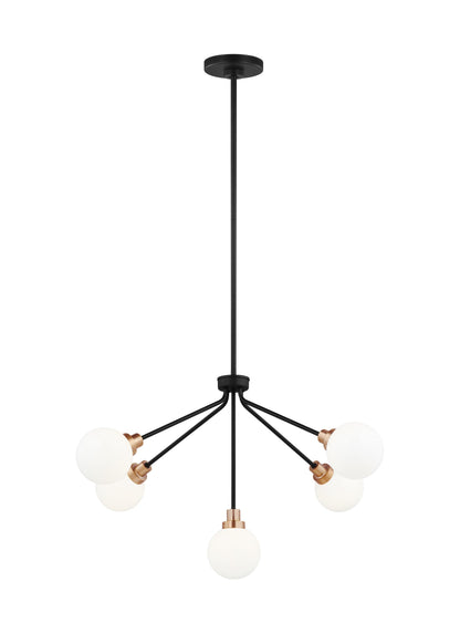 Generation Lighting Art mid-century modern 5-light indoor dimmable ceiling chandelier pendant light in midnight black finish with etched opal glass shades 3001105-112