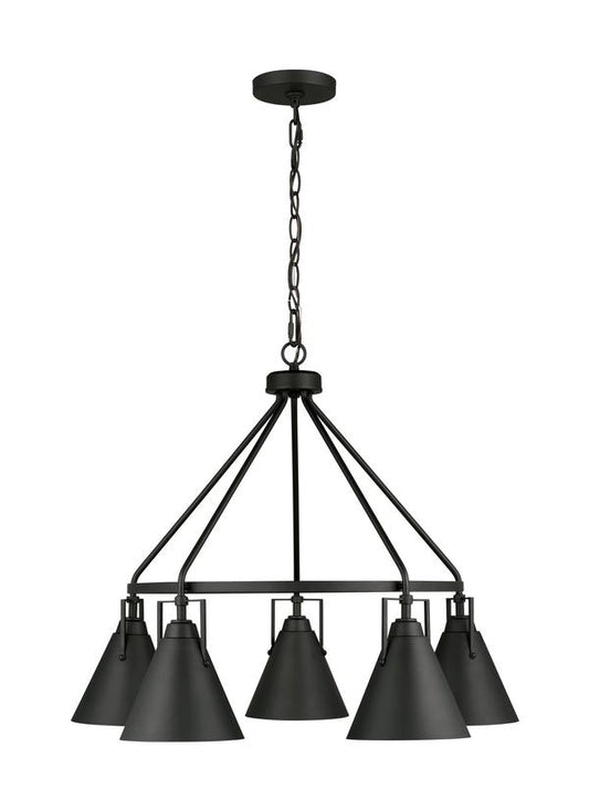 Generation Lighting Insdale modern wagon wheel 5-light indoor dimmable single tier chandelier in midnight black finish with midnight black steel shades 3001505-112