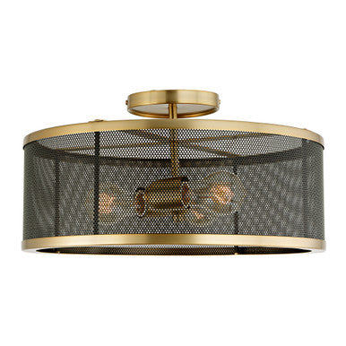 JVI Designs Wellington Three Light Mesh Semi Flush Mount in Satin Brass and Black 3071-10