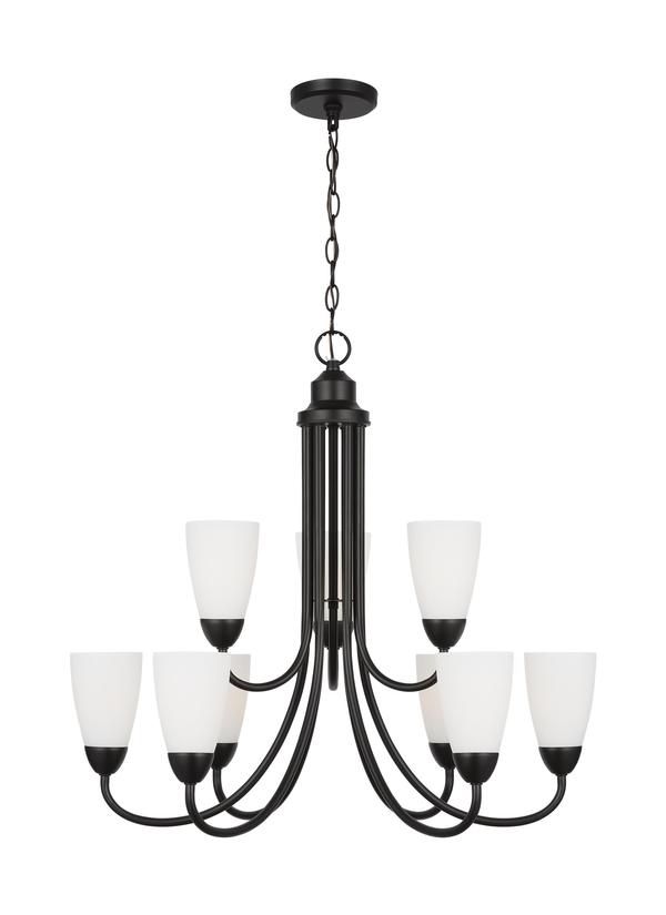 Generation Lighting Sean Lavin Seville 9-light chandelier in brushed steel silver with etched white glass shades with LED bulbs 3120209EN3-112